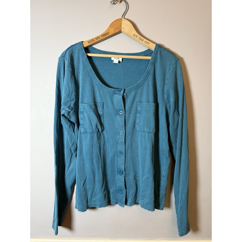 Ana A New Approach Women's ButtonUp top Sz Large Teal ribbed Pockets‎